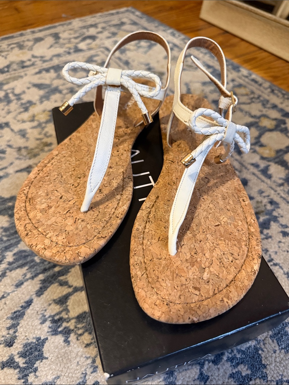 Nautica White Braided T-Strap Cork Sandals with Gold Accents